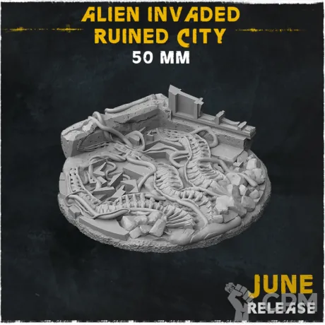 Описание картинки База Alien Invaded Ruined City 50mm от Helnex workshop  по цене 200руб | Свободный Рынок Миниатюр - СРМ