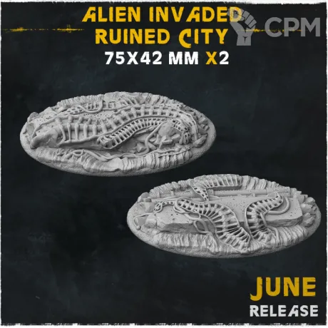 Описание картинки База Alien Invaded Ruined City 75x42mm от Helnex workshop  по цене 250руб | Свободный Рынок Миниатюр - СРМ
