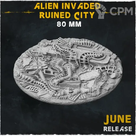Описание картинки База Alien Invaded Ruined City 80mm от Helnex workshop  по цене 400руб | Свободный Рынок Миниатюр - СРМ