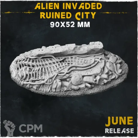Описание картинки База Alien Invaded Ruined City 90x52mm от Helnex workshop  по цене 380руб | Свободный Рынок Миниатюр - СРМ