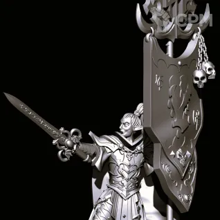 Описание картинки Dark elves warrior lordling (champion) with Banner standard bearer от Магазин Альфария по цене 150руб | Свободный Рынок Миниатюр - СРМ