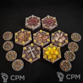 Описание картинки Treasure, objective, activation, snare, cover hex tokens Warhammer underworlds от Gaz по цене 6 500руб | Свободный Рынок Миниатюр - СРМ
