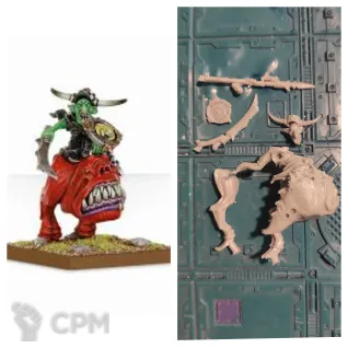 Описание картинки Night goblin boss on giant cave squig от Greed's storehouse по цене 690руб | Свободный Рынок Миниатюр - СРМ