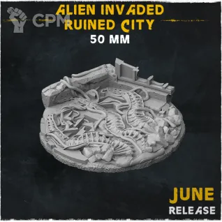 Описание картинки База Alien Invaded Ruined City 50mm от Helnex workshop  по цене 200руб | Свободный Рынок Миниатюр - СРМ