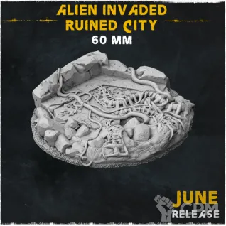 Описание картинки База Alien Invaded Ruined City 60mm от Helnex workshop  по цене 300руб | Свободный Рынок Миниатюр - СРМ