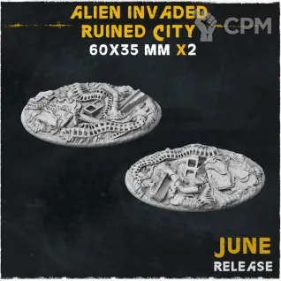 Описание картинки База Alien Invaded Ruined City 60x35mm от Helnex workshop  по цене 140руб | Свободный Рынок Миниатюр - СРМ