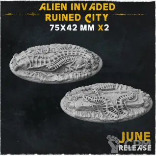 Описание картинки База Alien Invaded Ruined City 75x42mm от Helnex workshop  по цене 250руб | Свободный Рынок Миниатюр - СРМ