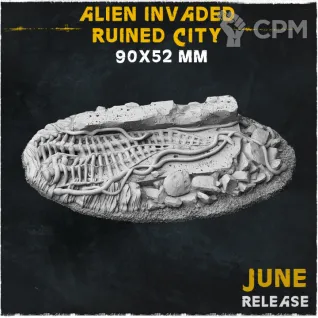 Описание картинки База Alien Invaded Ruined City 90x52mm от Helnex workshop  по цене 380руб | Свободный Рынок Миниатюр - СРМ