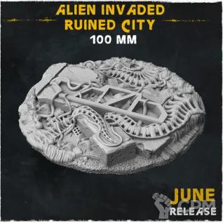 Описание картинки База Alien Invaded Ruined City 100mm от Helnex workshop  по цене 600руб | Свободный Рынок Миниатюр - СРМ