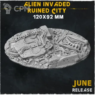 Описание картинки База Alien Invaded Ruined City 120x92mm от Helnex workshop  по цене 600руб | Свободный Рынок Миниатюр - СРМ