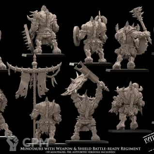 Описание картинки Minotaurs with weapon and shield battleready regiment от Бруталити по цене 2 600руб | Свободный Рынок Миниатюр - СРМ
