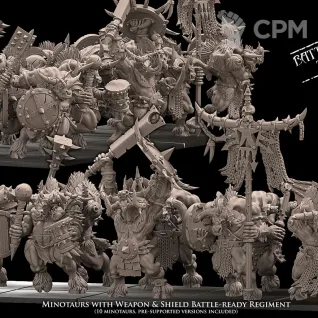 Описание картинки Minotaurs with weapon and shield battleready regiment от Бруталити по цене 2 600руб | Свободный Рынок Миниатюр - СРМ