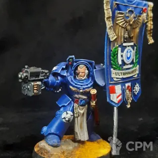 Описание картинки Space marine Terminator с флагом от Superguns по цене 1 400руб | Свободный Рынок Миниатюр - СРМ