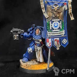 Описание картинки Space marine Terminator с флагом от Superguns по цене 1 400руб | Свободный Рынок Миниатюр - СРМ
